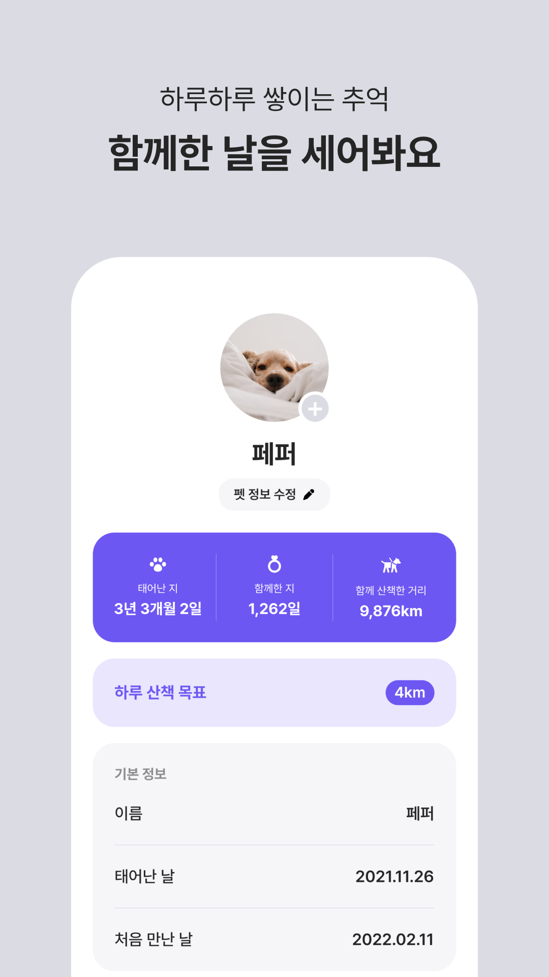 나의 펫 화면에서 반려동물 정보를 확인하는 화면